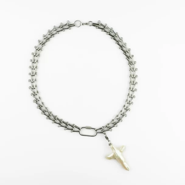 Chain Necklace with Baroque Pearl Cross  - Pure Love
